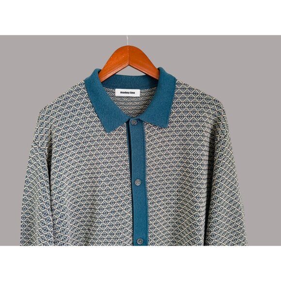 Monkey Time XL Button-Up Knit Cardigan Sweater With Teal Collar & Geometric Patt - Picture 2 of 11
